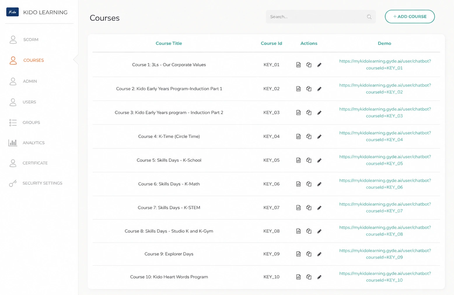 Kido Learning course management dashboard showing teacher training courses and course access links