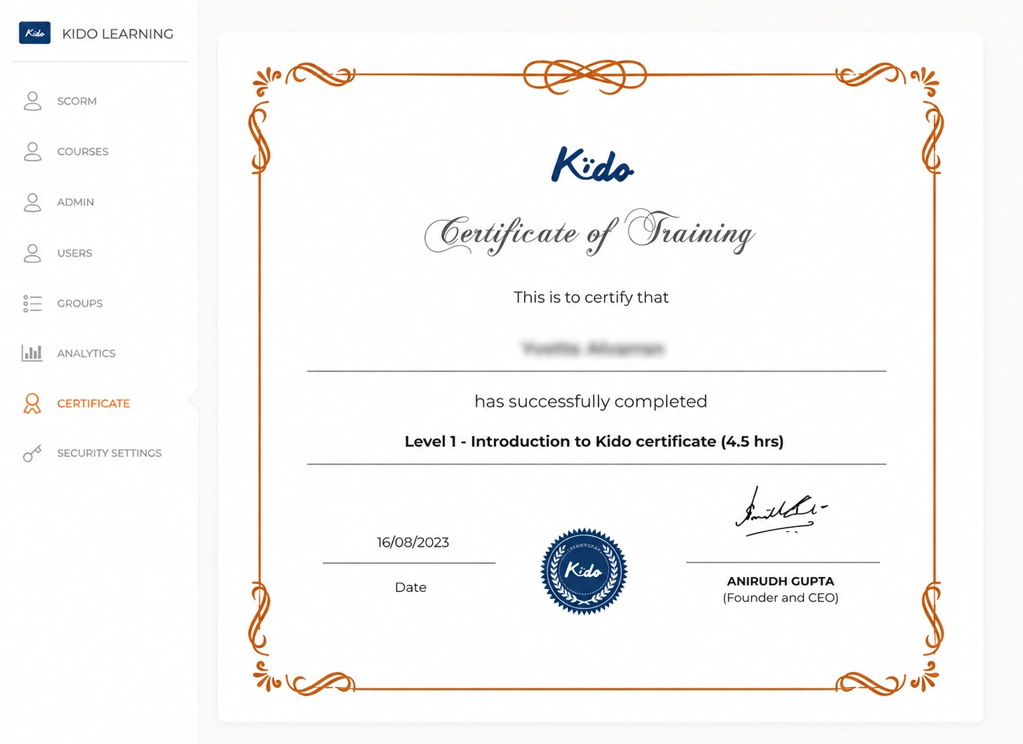 Kido Learning certificate of training issued to a teacher after completing a Kido course