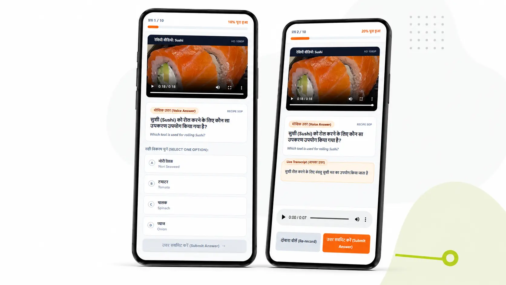 Two mobile phone mockups displayed side by side, showing AI-powered cooking skill assessment screens with video questions, multiple-choice responses, voice answers, progress indicators, and recording controls.