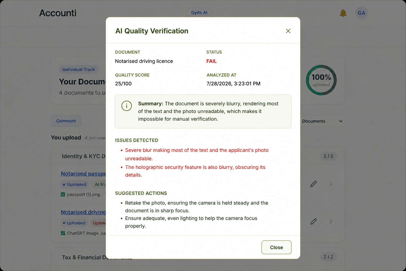 AI Quality Verification modal highlighting a failed verification for a notarised driving licence, showing a quality score of 25/100, detected image quality issues, and recommended actions to retake the document photo.