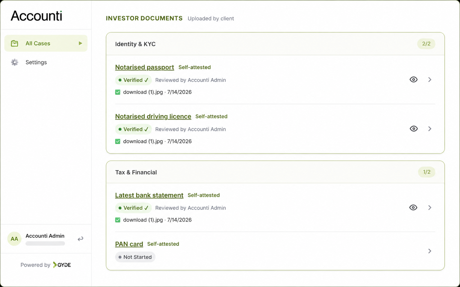 Investor document portal showing passport, driving licence, bank statement, and PAN card uploads with verification status and review progress.