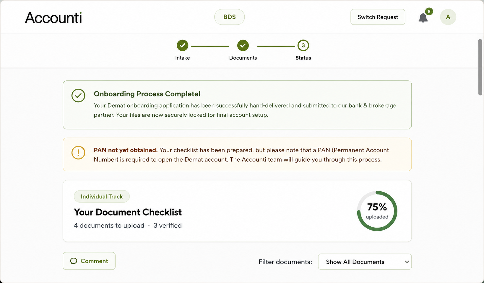 Investor onboarding status page showing completed workflow, document checklist, upload progress, and remaining requirements for Demat account opening.