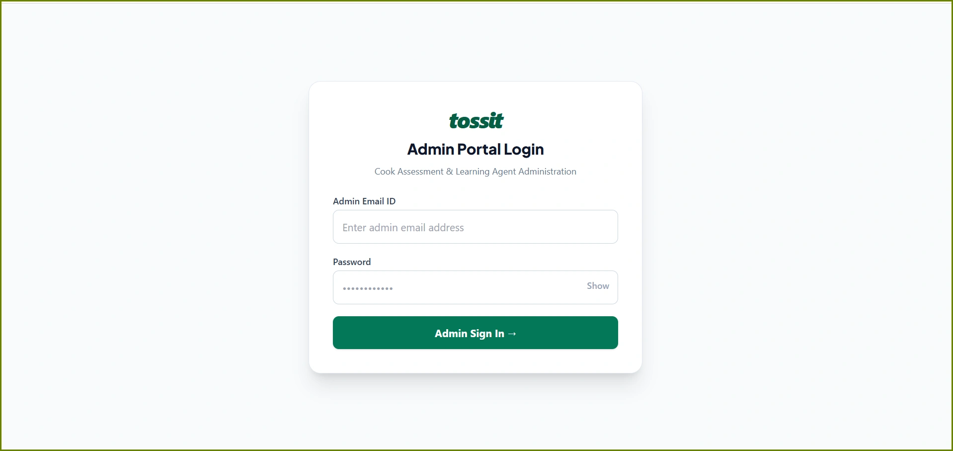 Client testimonial image showing a Cook Assessment & Learning Agent admin portal login screen with email and password fields.