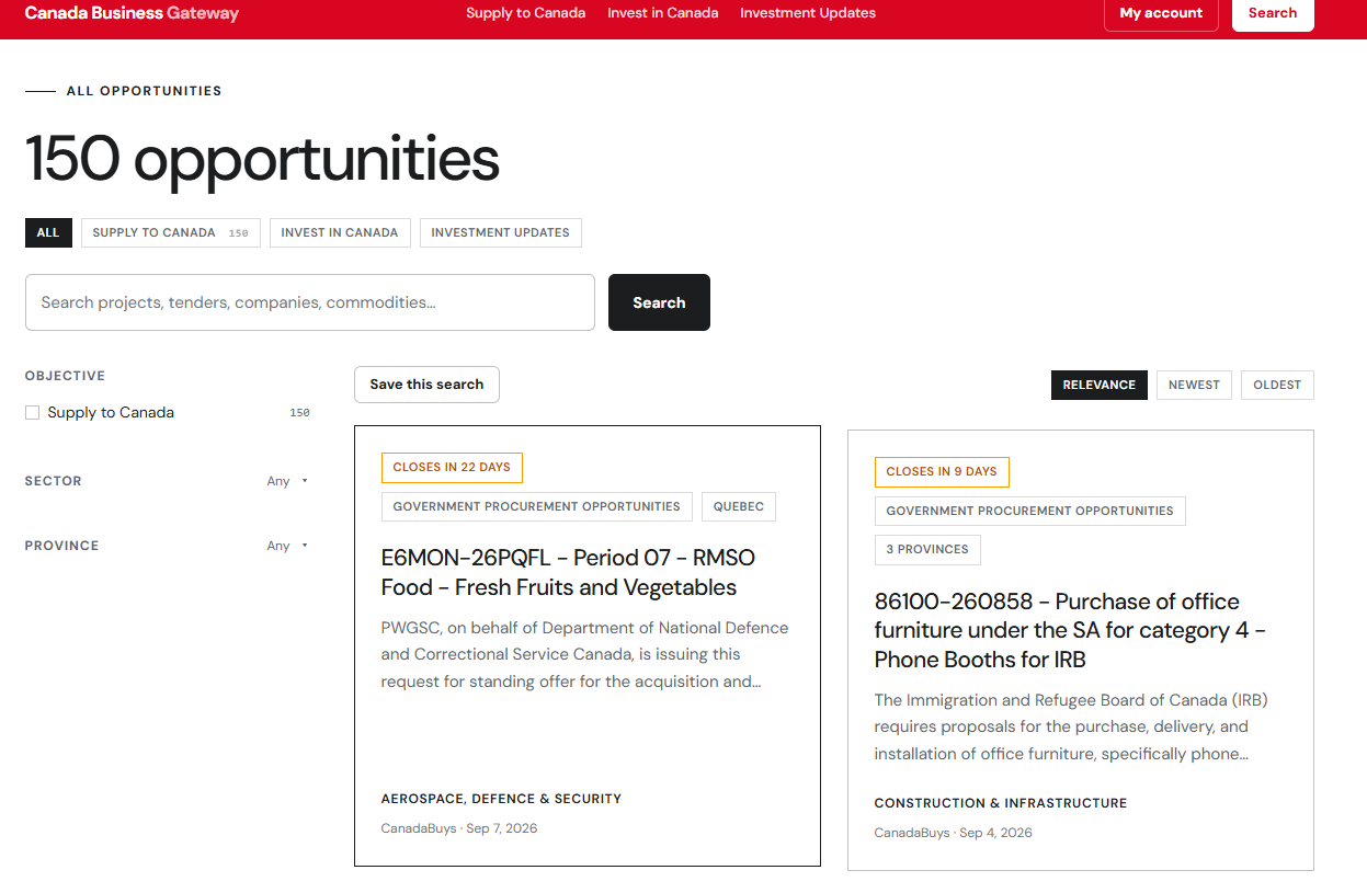 Canada Business Gateway’s Supply to Canada page showing 150 opportunities, search, sector and province filters, and a Save this search button.